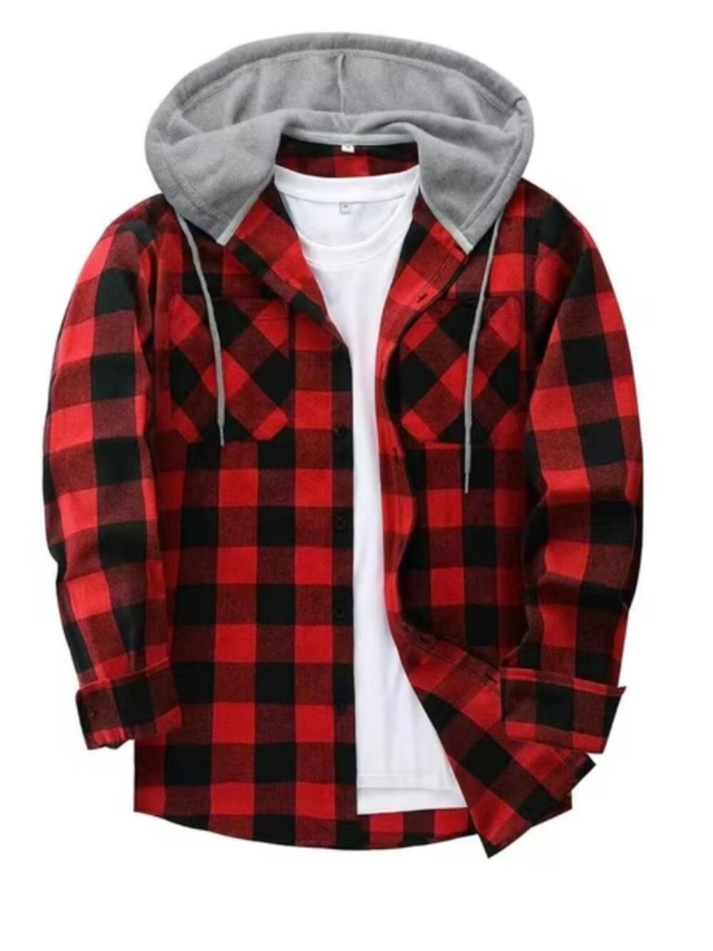 New XXL Men's Hooded Flannel Shirt Red Buffalo Plaid Long Sleeve Top Pockets